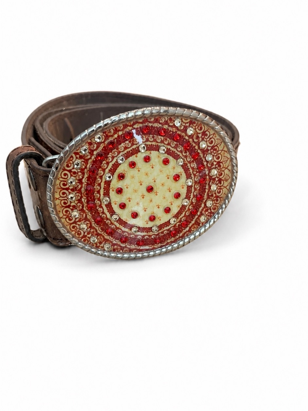 Vera Pelle Italian Western Brown Leather Belt Jeweled Red Rhinestone Buckle M